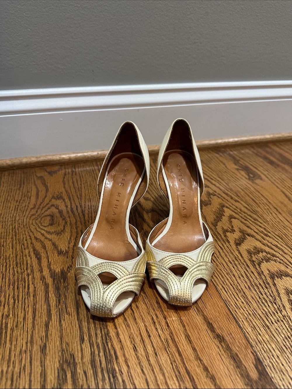 Chie Mihara Metallic Gold Peep-Toe Cutout Heels